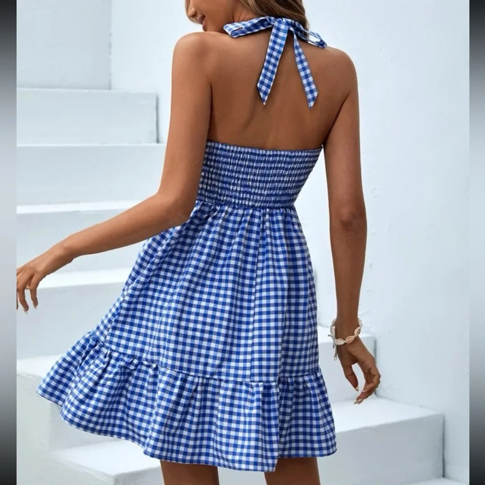 Classic Gingham Print Bandeau Cut Out Ruffle Hem Halter Neck Backless Dress - Picture 2 of 6